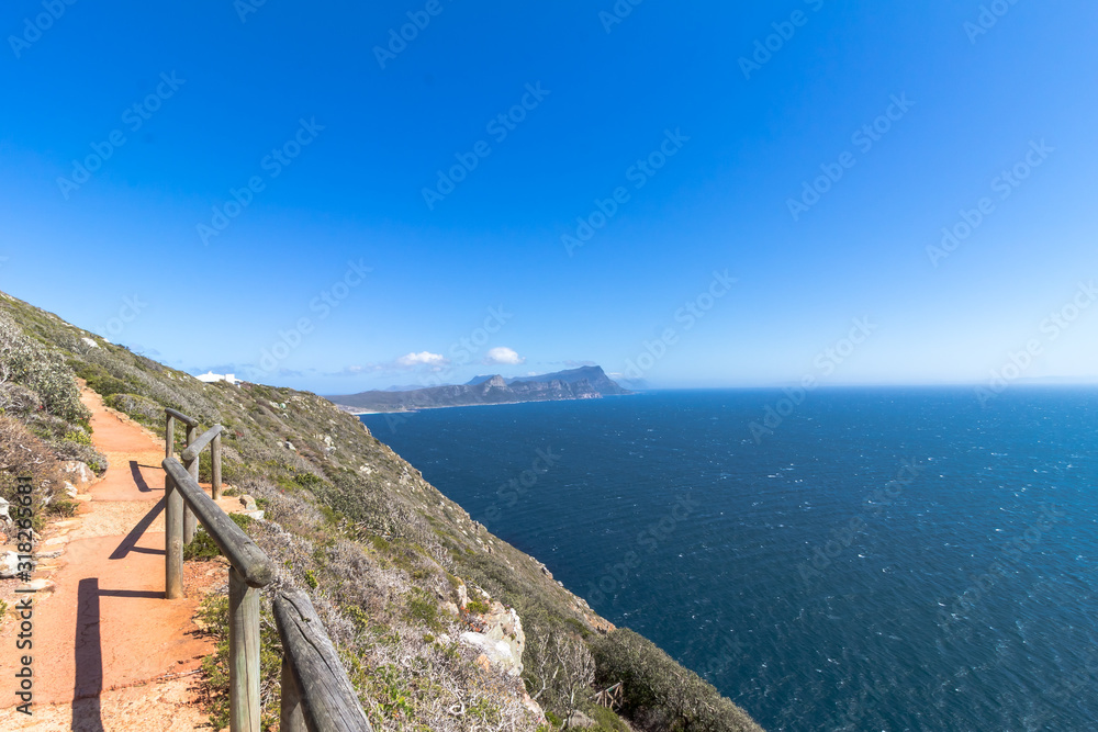 Cape Point walkway from point back to old lighthouse with view of the cape peninsula - South Africa