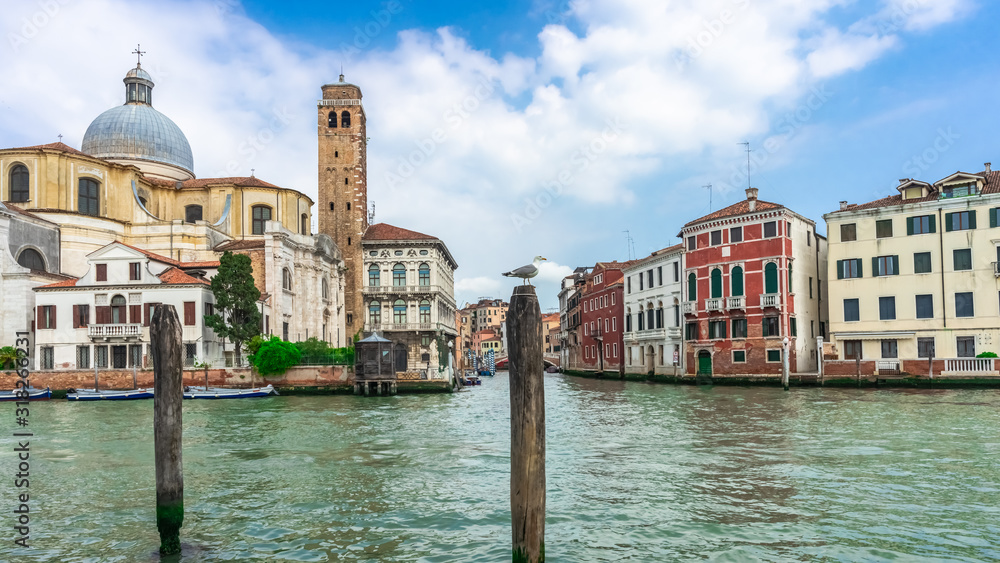 Venice Italy. View of Canale di Cannaregio and  Chiesa di San Geremia from the Grand Canal in Venice.