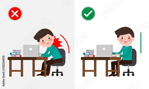Correct sitting posture And incorrect. Disease back pain. Medical healthcare concept. office syndrome, Businessman cartoon design vector illustration.
