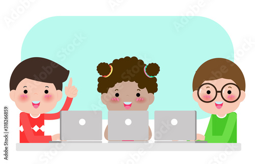 Pupils study in the classroom with laptop and tablet pc, Happy children sitting at laptops and learning school lesson, Kids using gadgets during lesson at primary school. Vector illustration