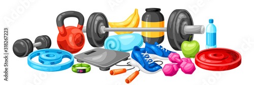 Background with fitness equipment.