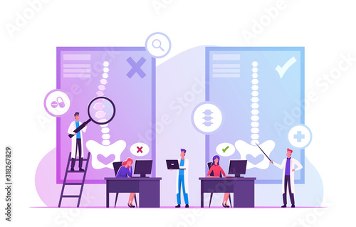 Scoliosis and Spine Backbone Curvature Concept. Woman Sitting at Desk at Correct and Wrong Posture Compared with Healthy and Unhealthy Back Bone Bad and Good Body Pose Cartoon Flat Vector Illustration