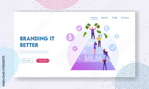MLM. Multi Level Marketing Business Website Landing Page. People Stand on Different Levels of Finance Pyramid Hope to Earn Money, Enrichment Scheme Web Page Banner. Cartoon Flat Vector Illustration
