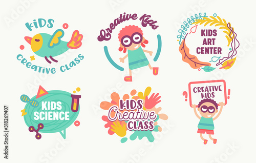 Big Icons Set Kids Art Center, Creative Class, Science Banners or Badges Isolated on White Background. Primitive Style Characters Design Elements with Typography, Logo Cartoon Flat Vector Illustration