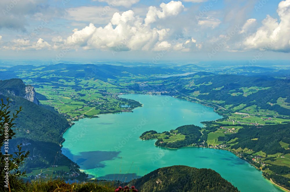 Panoramic view from Schafberg monutain to Mondsee, Austrian Alps, next to Sankt Wolfgang im Salzkammergut
