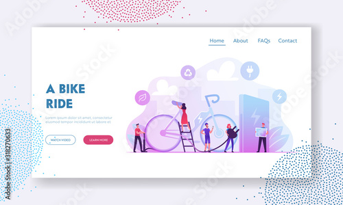 People Using Electric Bike in Big City Website Landing Page. Bicycle for Traveling, Sports Life or Spare Time. Eco Transport, Ecology Protection Web Page Banner. Cartoon Flat Vector Illustration
