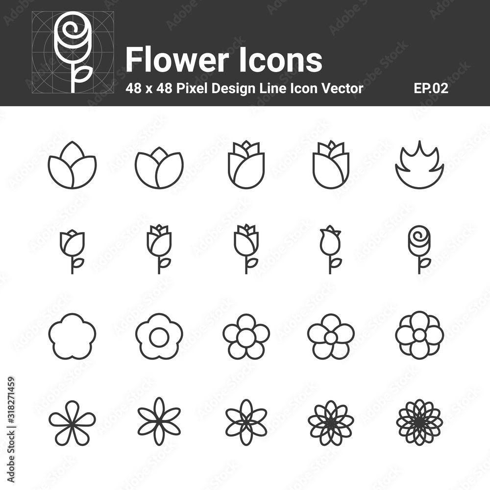 Flower Icons , Symbol Perfect Design Simple Set For Using In Web site Infographics Logo Report , Line Icon Vector illustration