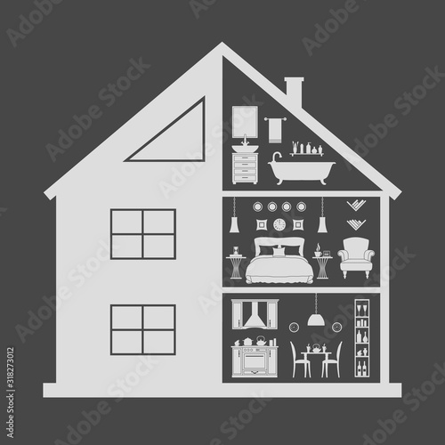 House in a cut. The silhouette of a residential building with various rooms and furniture. Interior and facade. Vector home project view inside and out.
