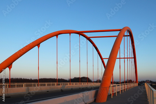 Rzeszow, Poland - 9 9 2018: Suspended road bridge across the autobahn. Metal construction technological structure. Modern architecture © Xato Lux