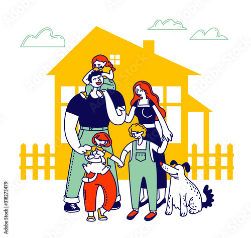 Child Adoption Concept. Big Happy Family of Parents, Kids and Dog Stand at House Front Yard at Summer Time. Mother Father and Children Loving Relations. Cartoon Flat Vector Illustration, Line Art