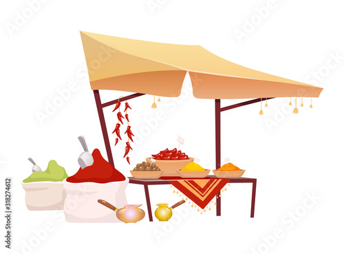 Indian bazaar tent with spices cartoon vector illustration. Eastern market awning with exotic seasoning, traditional herbs flat color object. Oriental canopy isolated on white background