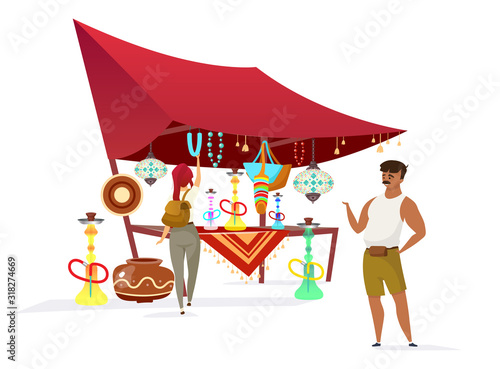 Egypt bazaar flat color vector faceless character. Traditional african souk, marketplace. Muslim vendor selling hookahs, souvenirs for tourist isolated cartoon illustration on white background