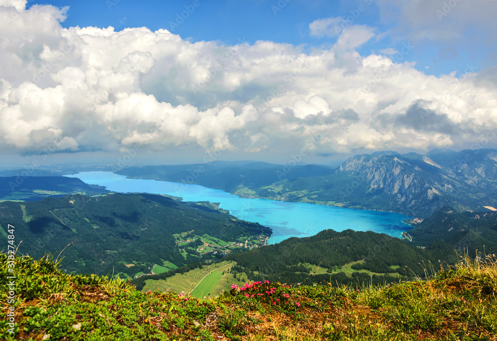 Panoramic view from Schafberg monutain to lake Attersee, Austrian Alps, next to Sankt Wolfgang im Salzkammergut