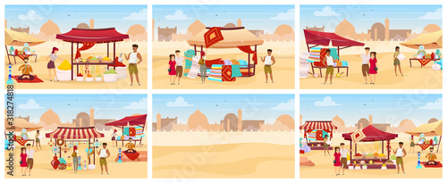 Egypt bazaar flat color vector illustrations set. Arab outdoor market with carpets, spices, handmade pottery. Tourists buying crafted souvenirs cartoon characters. Eastern souk on desert background