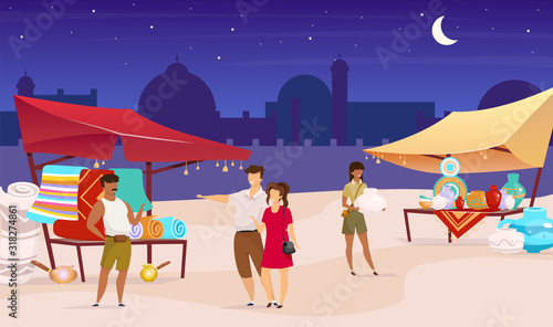 Night bazaar flat color vector illustration. Istanbul street market. Turkish souk, arabic fair. Tourists buying souvenirs, carpets faceless cartoon characters with mosque and sky on background