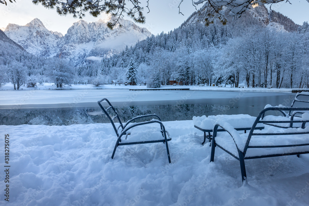 Lake Jasna in Winter near Kranjska Gora, Slovenia. Snow on Landscape.