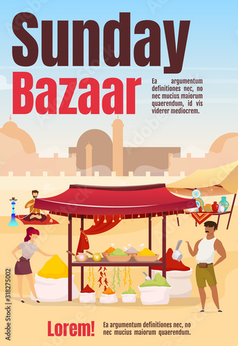Sunday bazaar poster flat vector template. Egypt marketplace. Istanbul street market. Brochure, cover, booklet one page concept design with cartoon characters. Advertising flyer, leaflet, newsletter