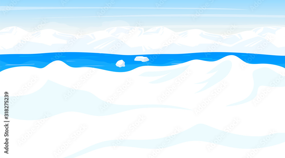 North pole flat vector illustration. Antarctic landscape. White snow desert, panoramic land with ocean. Polar cold scene. Nordic surface. Frost fjord. Alaska. Arctic cartoon background
