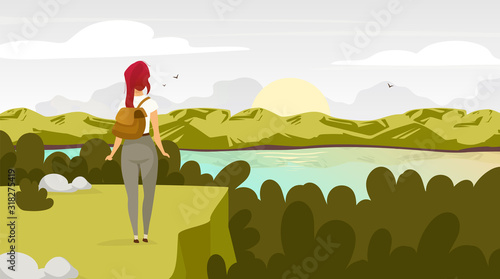 Sunrise in forest flat vector illustration. Backpacker watching sunrise. Woman on mountain peak. Sunset on lake. Scenic landscape. Trekking destination. Female tourist cartoon characters