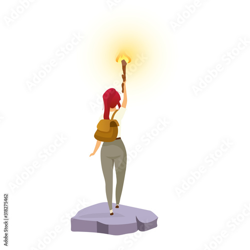 Explorer flat color vector illustration. Female adventurer with torch. Woman standing with flambeau. Backpacker searching for path. Tourist isolated cartoon character on white background