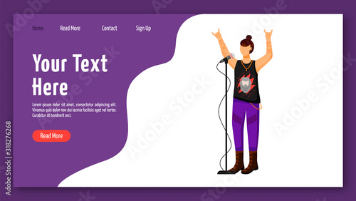 Rock band singer landing page vector template. Vocalist website interface idea with flat illustrations. Musician homepage layout. Music group member web banner, webpage cartoon concept