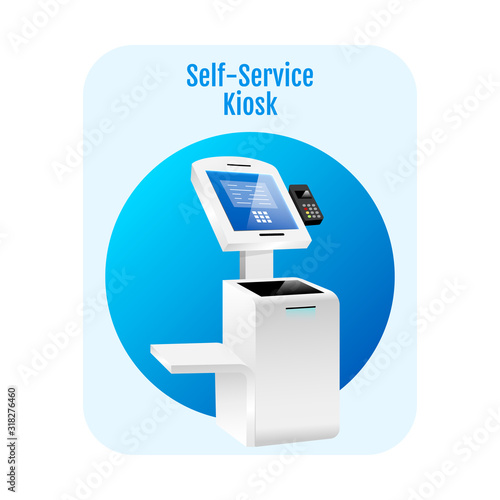 Self service kiosk flat concept icon. Payment terminal sticker, clipart. Digital software with sensor interface. Freestanding banking construction isolated cartoon illustration on white background