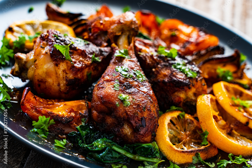 Barbecue chicken drumsticks with roast vegetables Barbecue chicken drumsticks with roast vegetables