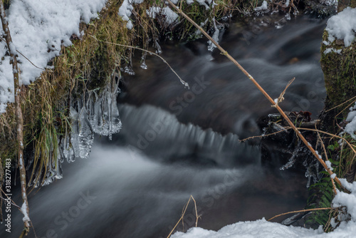 Hodslavsky creek with snow and ice in snowy winter day in Sumava national park photo