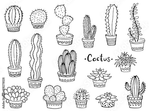 Set of cactus in a pot on a white background. Doodle. Vector illustration. Perfect for coloring book, greeting card, print.