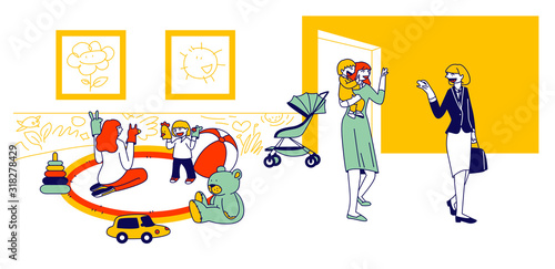 Babysitter and Nanny Occupation Concept. Nursery Persons Playing with Children, Care of Newborn Toddlers. Educational Profession, Work with Infant Babies Cartoon Flat Vector Illustration, Line Art