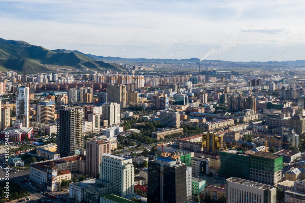 Aerial view of Ulaanbaatar, the capital of Mongolia, circa June 2019