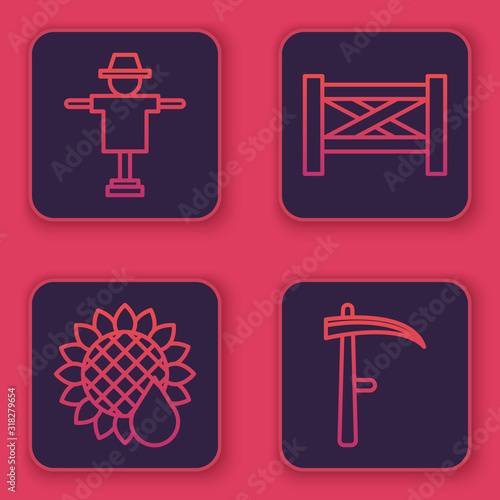 Set line Scarecrow, Sunflower, Garden fence wooden and Scythe. Blue square button. Vector