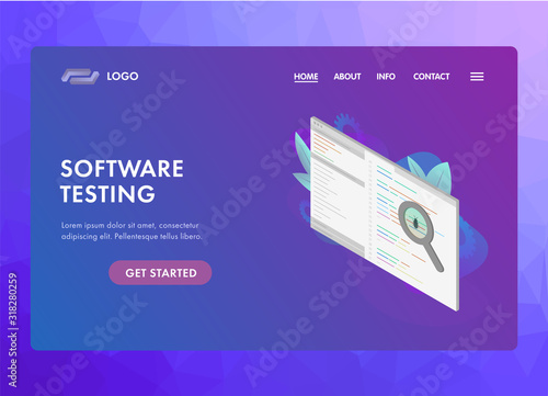 Software Testing concept. Program code screen with debugging development process. Bug fixing IT-software application with magnifier metaphor and bug. UI isometric web template, landing page