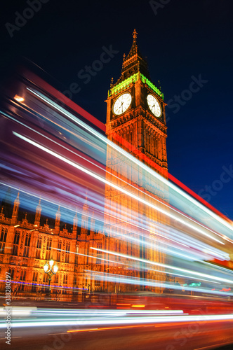 Photography Light trails left by double decker bus passing by Big Ben in London England Unit