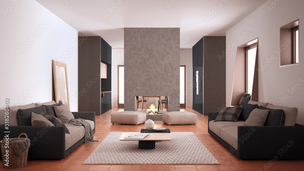 Cosy dark gray and beige living room with sofa, carpet, table and pouf, concrete modern fireplace and walls, kitchen with table, terracotta tile floors, contemporary interior design Cosy dark gray and beige living room with sofa, carpet, table and pouf, concrete modern fireplace and walls, kitchen with table, terracotta tile floors, contemporary interior design