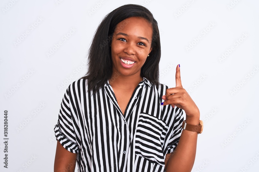 Beautiful young african american woman wearing elegant shirt over isolated background pointing finger up with successful idea. Exited and happy. Number one. Beautiful young african american woman wearing elegant shirt over isolated background pointing finger up with successful idea. Exited and happy. Number one.