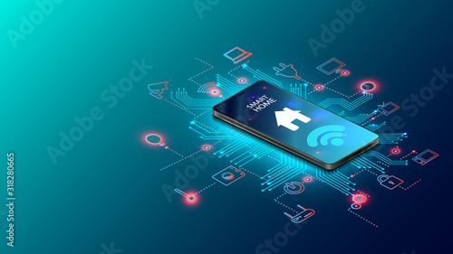 Smart home controlled smartphone. Internet of things technology of home automation system. Small house standing on screen mobile phone and wireless connections with icons home electronics devices. iot