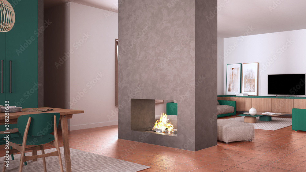 Fototapeta premium Cosy turquoise and beige living room with sofa, carpet, table and pouf, concrete modern fireplace, kitchen with dining table, terracotta tile floors, contemporary interior design