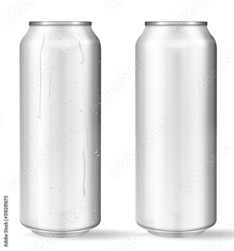 Realistic aluminum cans with water drops. Vector