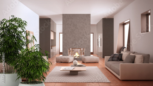 Zen interior with potted bamboo plant  natural interior design concept  cosy dove gray living room with sofa  carpet  table and pouf  concrete modern fireplace  interior design idea