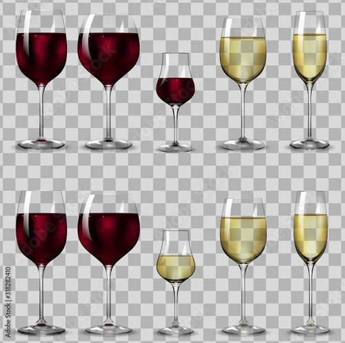 Full and empty glasses for white and red wine.