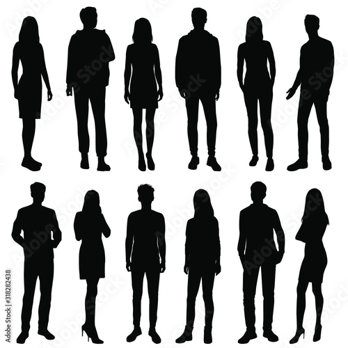 Vector silhouettes of  men and a women, a group of standing  business people, black color isolated on white background