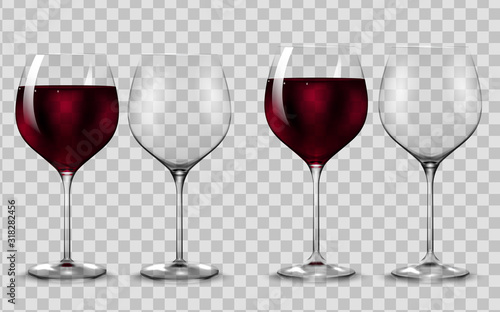 Empty and full transparency red wine glass. Vector.