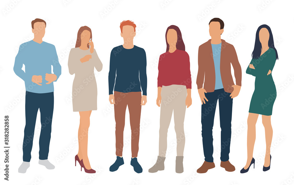 Obraz premium Silhouettes of men and women, different colors, cartoon character, group of standing business people, flat icon design concept isolated on white background