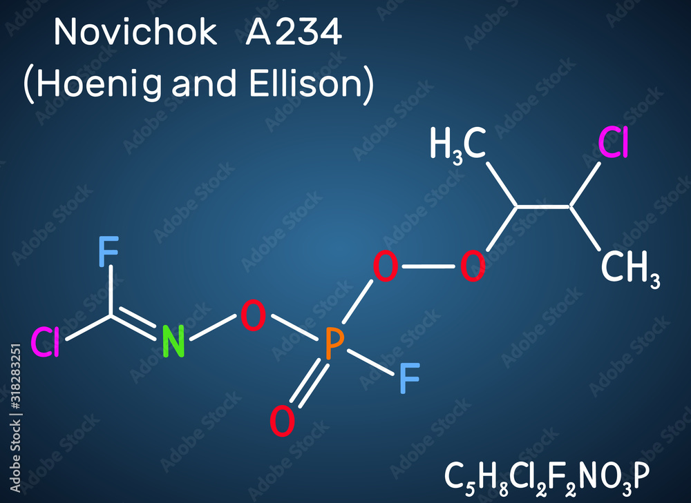 Novichok A-234 , organophosphate nerve agent, according to Hoenig and Ellison, C5H8Cl2F2NO3P molecule. Structural chemical formula on the dark blue background Novichok A-234 , organophosphate nerve agent, according to Hoenig and Ellison, C5H8Cl2F2NO3P molecule. Structural chemical formula on the dark blue background