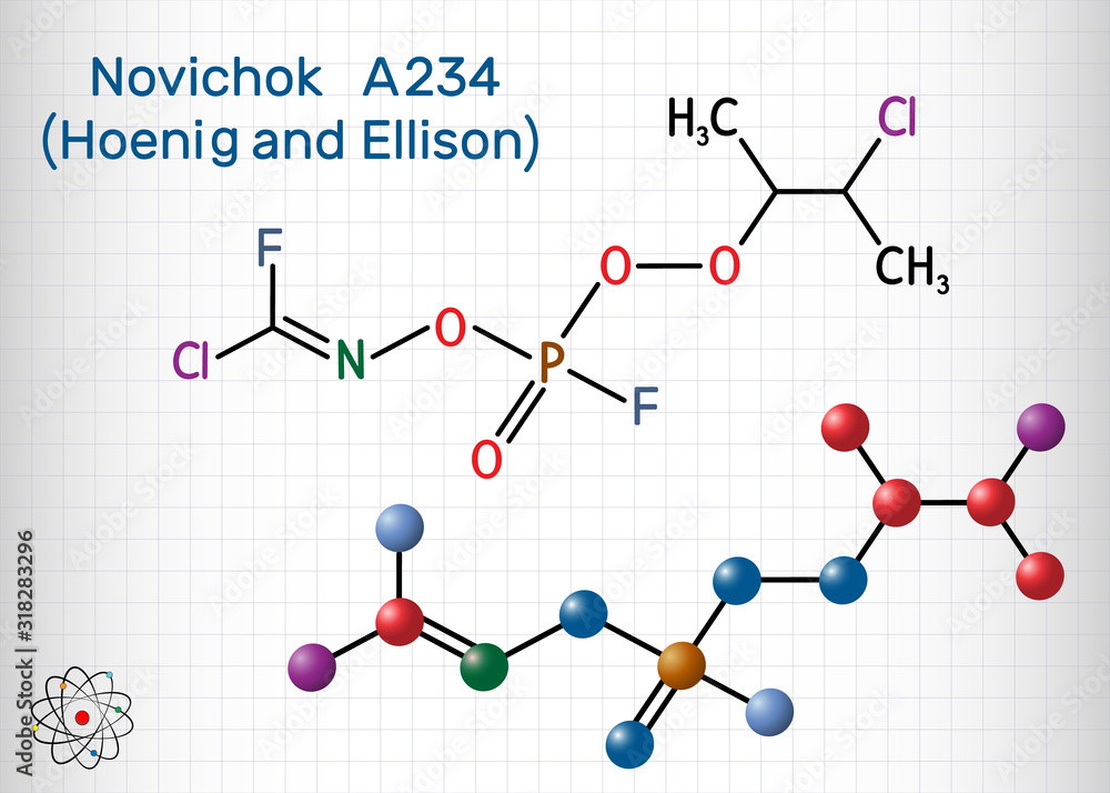 Novichok A-234 , organophosphate nerve agent, according to Hoenig and Ellison, C5H8Cl2F2NO3P molecule. Structural chemical formula and molecule model. Sheet of paper in a cage Novichok A-234 , organophosphate nerve agent, according to Hoenig and Ellison, C5H8Cl2F2NO3P molecule. Structural chemical formula and molecule model. Sheet of paper in a cage