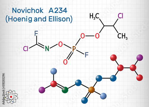 Novichok A-234 , organophosphate  nerve agent, according to Hoenig and Ellison, C5H8Cl2F2NO3P molecule. Structural chemical formula and molecule model. Sheet of paper in a cage