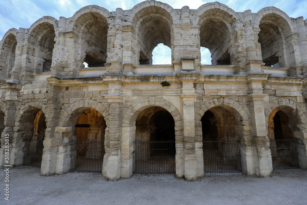  The Roman Amphitheater in the old town of Arles in Provence in the South of France.