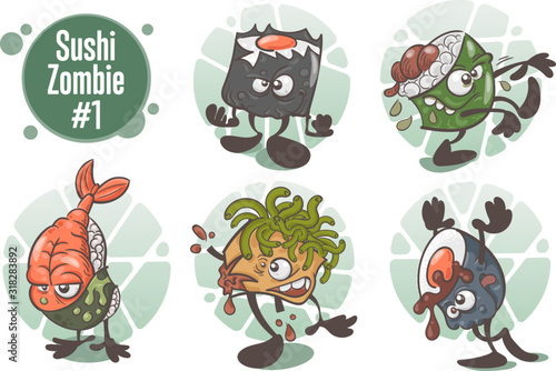 Sushi zombies. A set of fun cartoon characters. Vector illustration isolated on white background