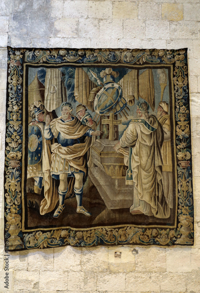  gallery of 17C Aubusson tapestries displayed in Saint-Trophime Cathedral show life of Godefroy de Bouillon in Jerusalem, Arles, France
